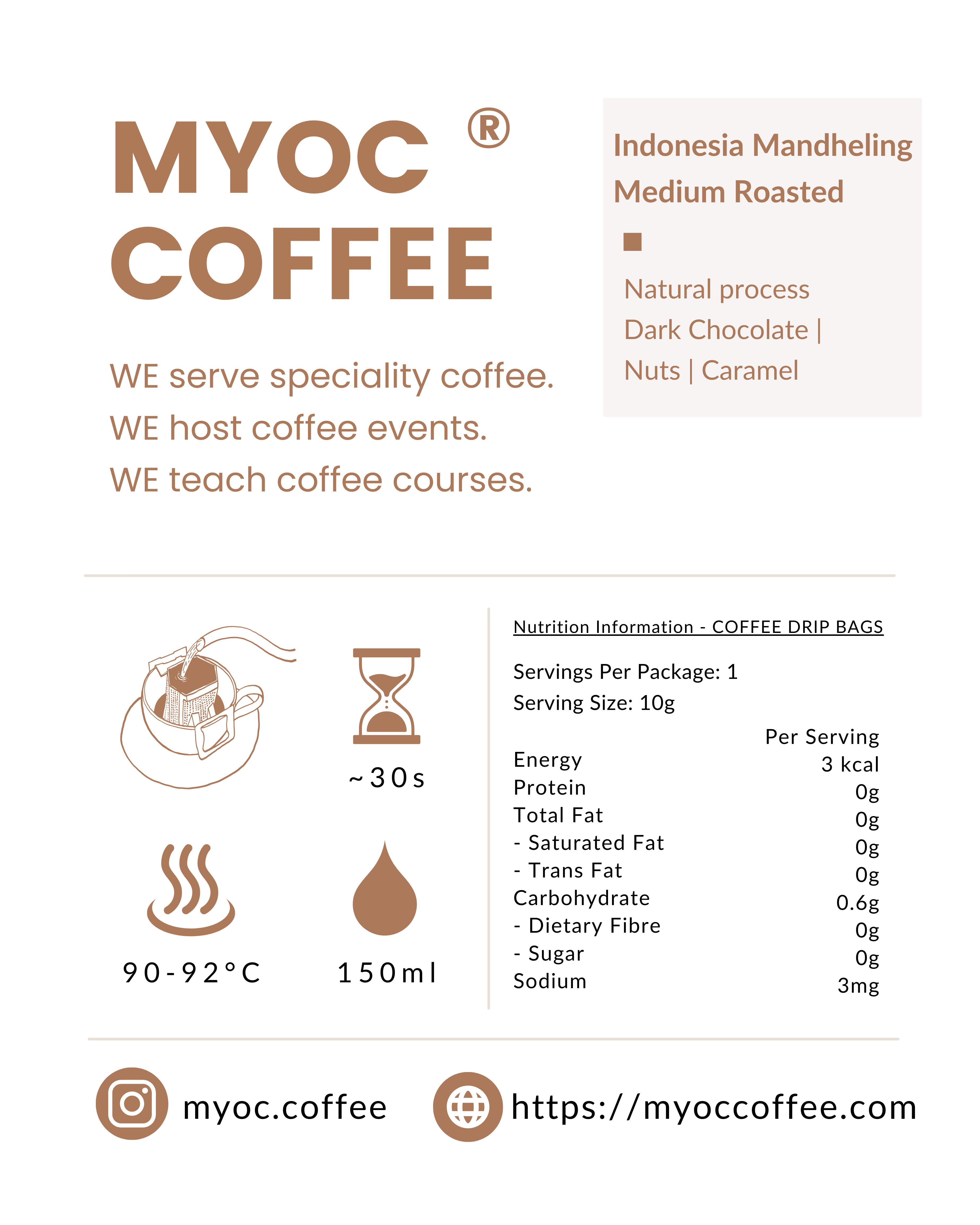 現貨 MYOC COFFEE 咖啡掛耳包 印尼INDONESIA MANDHELING (1個裝 / 10個裝 / 50個裝)